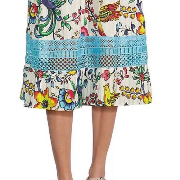 Floral Print Split Neck Short Sleeve Lace Trim Button Front Midi Dress size L - Picture 8 of 8